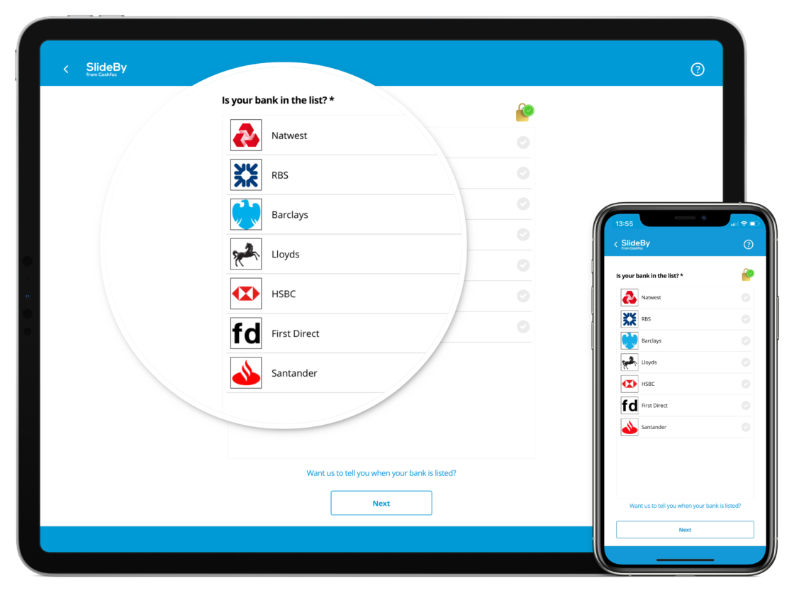 Image of SlideBy connections to Barclays, First Direct, HSBC, Lloyds, NatWest, RBS and Santander